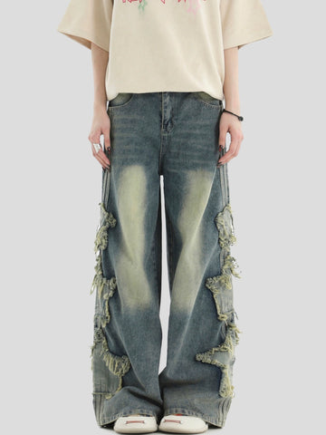 INS Raw-edged Star Stripe Jeans