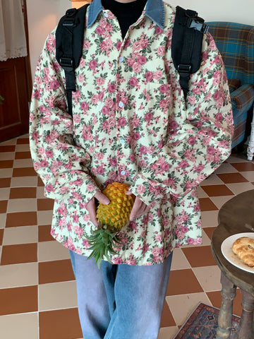 c2 Denim Neck Floral Vintage Shirt