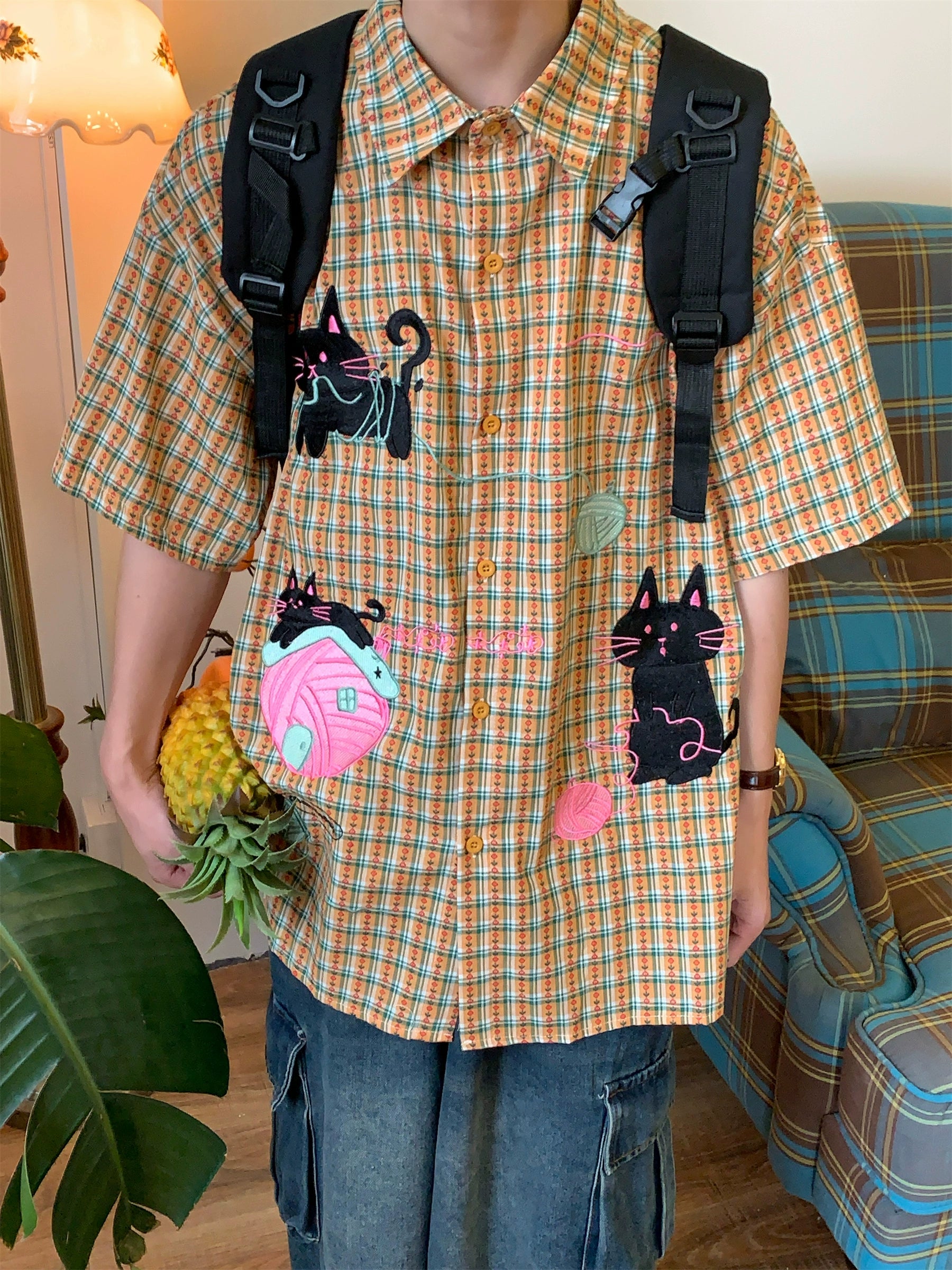 新品 CVTVLIST カタリスト MOHAIR CHECK SHIRT 2 c2 All Over Cats Shirt