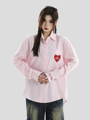 INS Heart Embroidery Striped Shirt