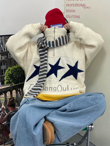 Jusho Triple Star Zip-up Knit Sweater