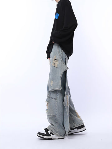 Mage Wide Distressed Patchwork Jeans