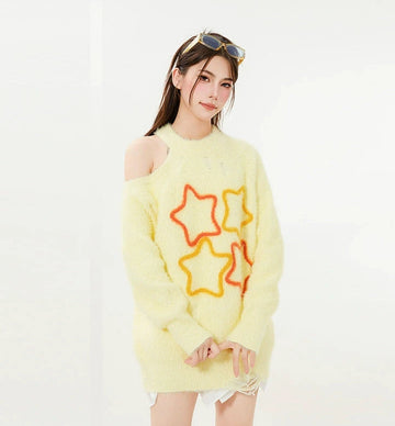 KKYES One-shoulder Star Knit Sweater
