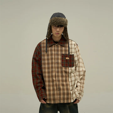 77Fight Three Tone Splicing Plaid Shirt