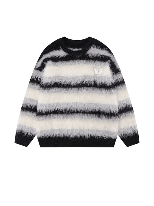 KKYES Butterfly Fuzzy Striped Sweater