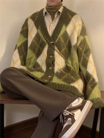 Nagawl Retro V-Neck Argyle Cardigan
