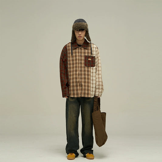 77Fight Three Tone Splicing Plaid Shirt