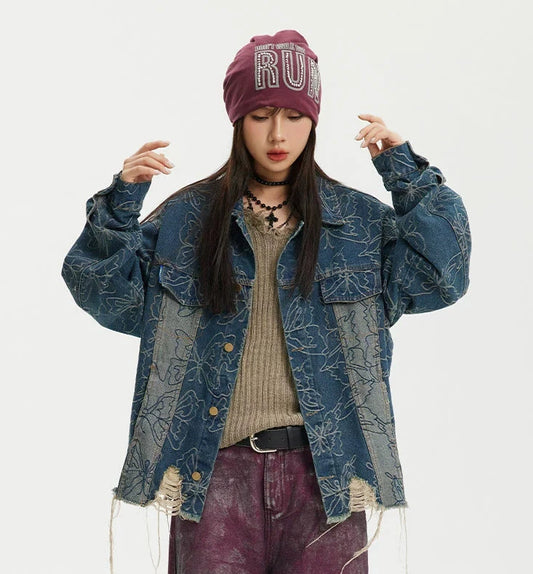 KKYES Embroidered Butterfly Ripped Jacket
