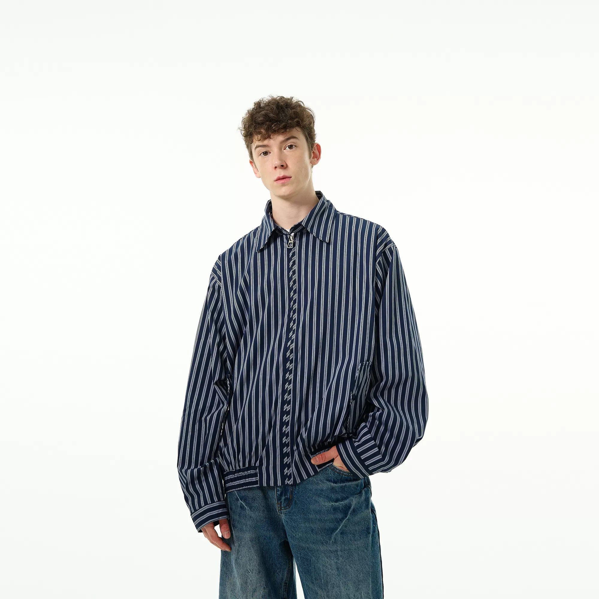 Madwitch Retro Striped Zip-up Shirt Jacket