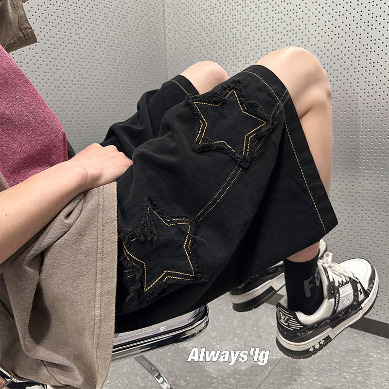 Star Patch Drawstring Denim Shorts