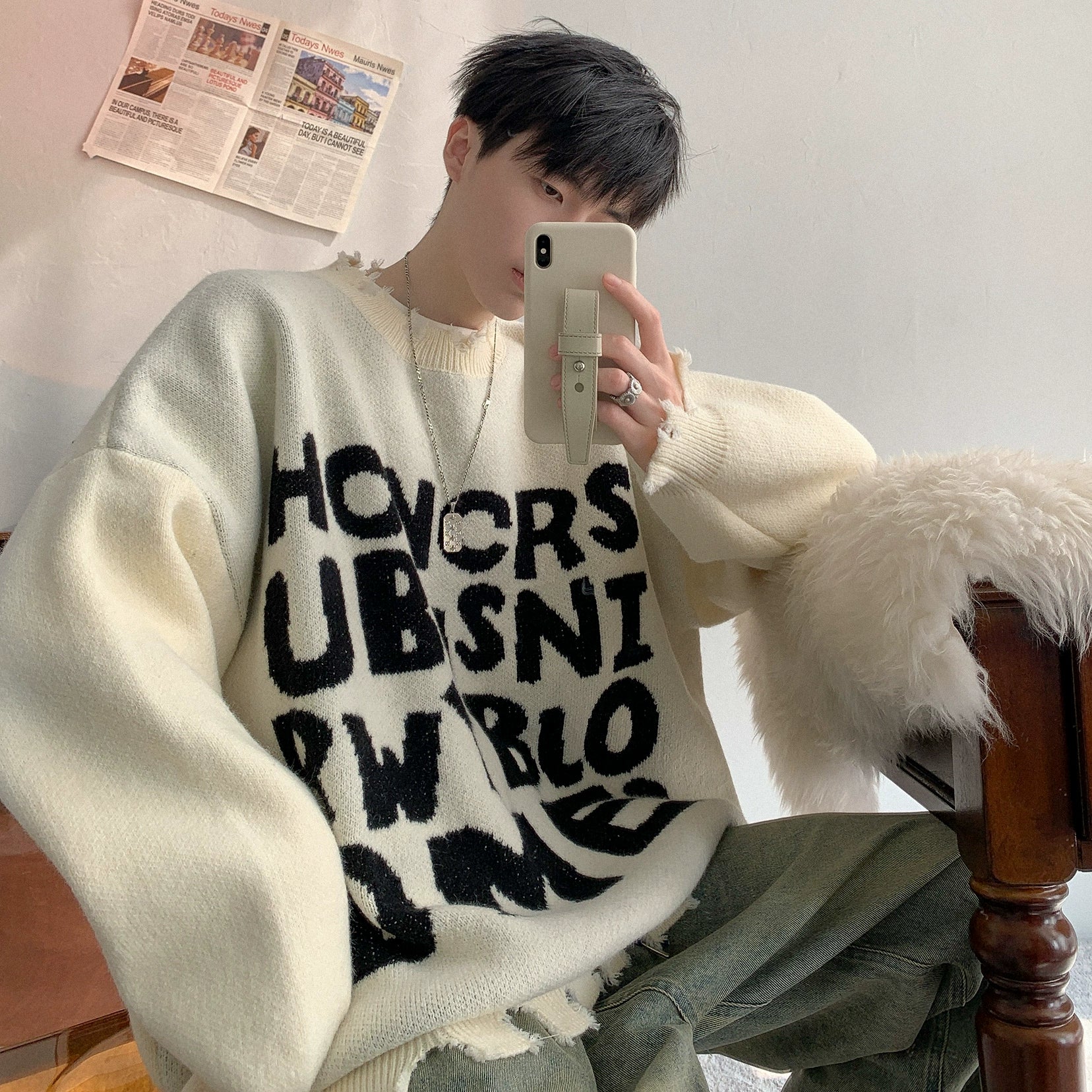v37 Big Letters Ripped Knit Sweater