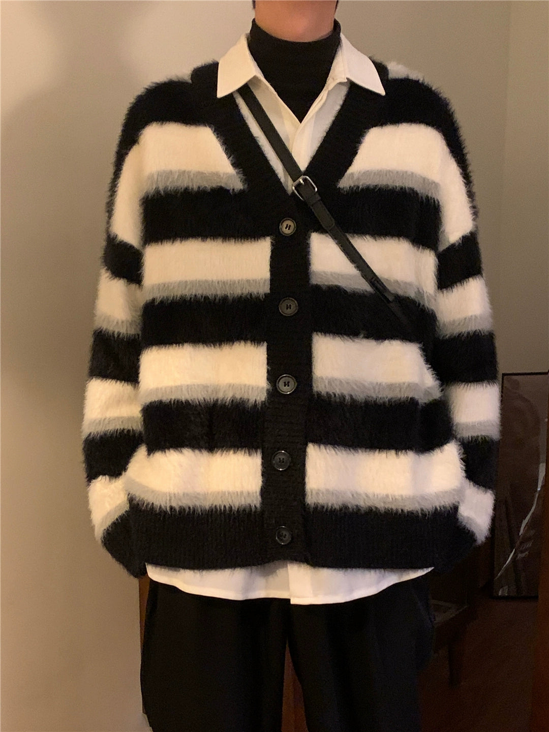 Nagawl Fuzzy Striped Button-down Cardigan