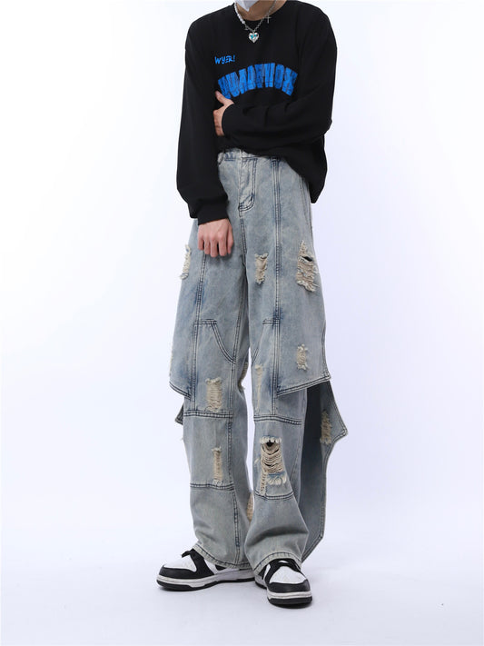 Mage Wide Distressed Patchwork Jeans