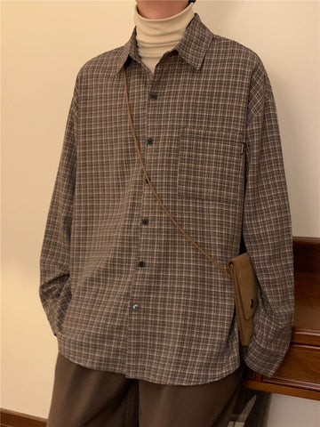 Nagawl Retro Loose Plaid Long-sleeved Shirt
