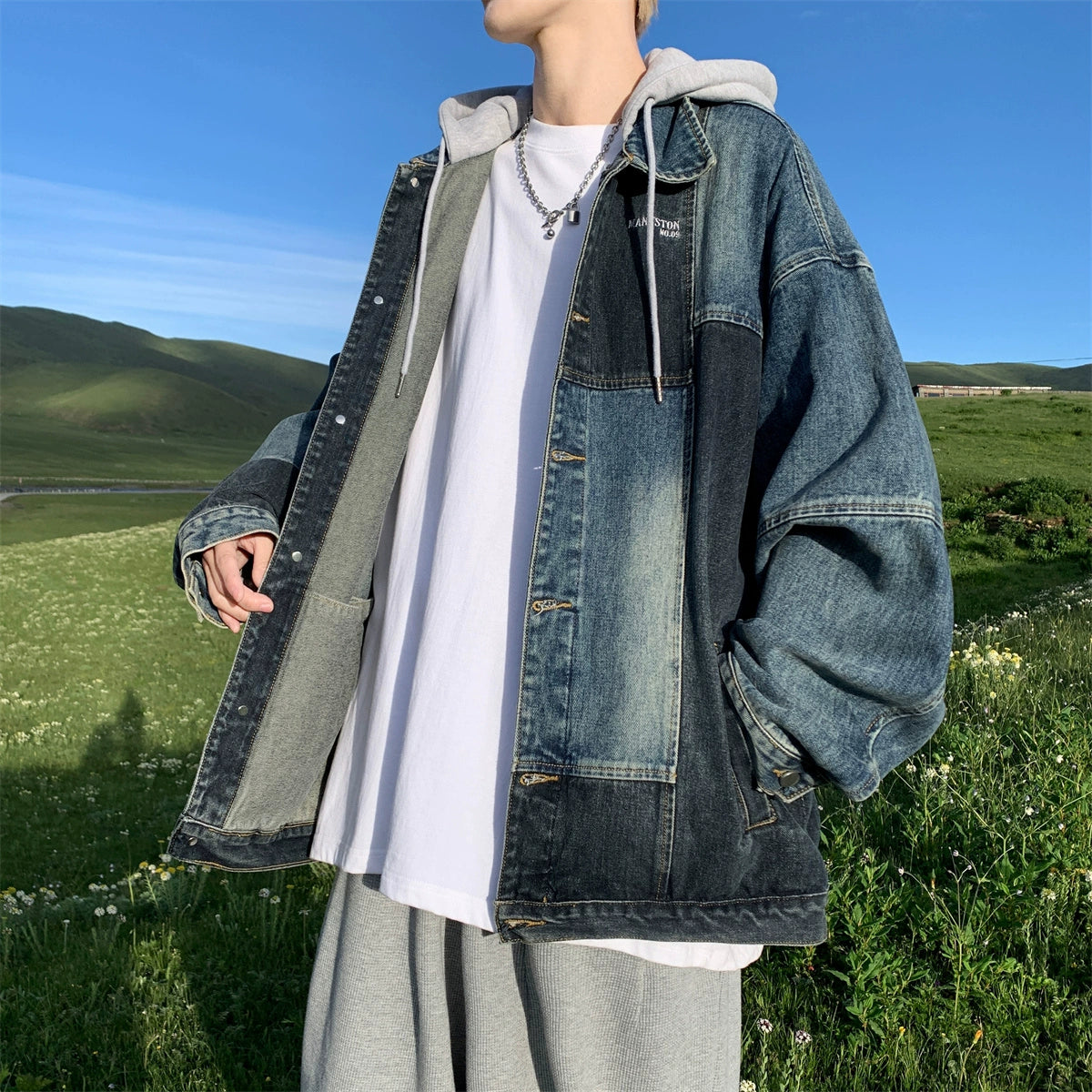 Manyston Fake Hood Patch Jeans Jacket