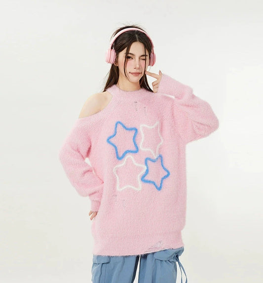 KKYES One-shoulder Star Knit Sweater
