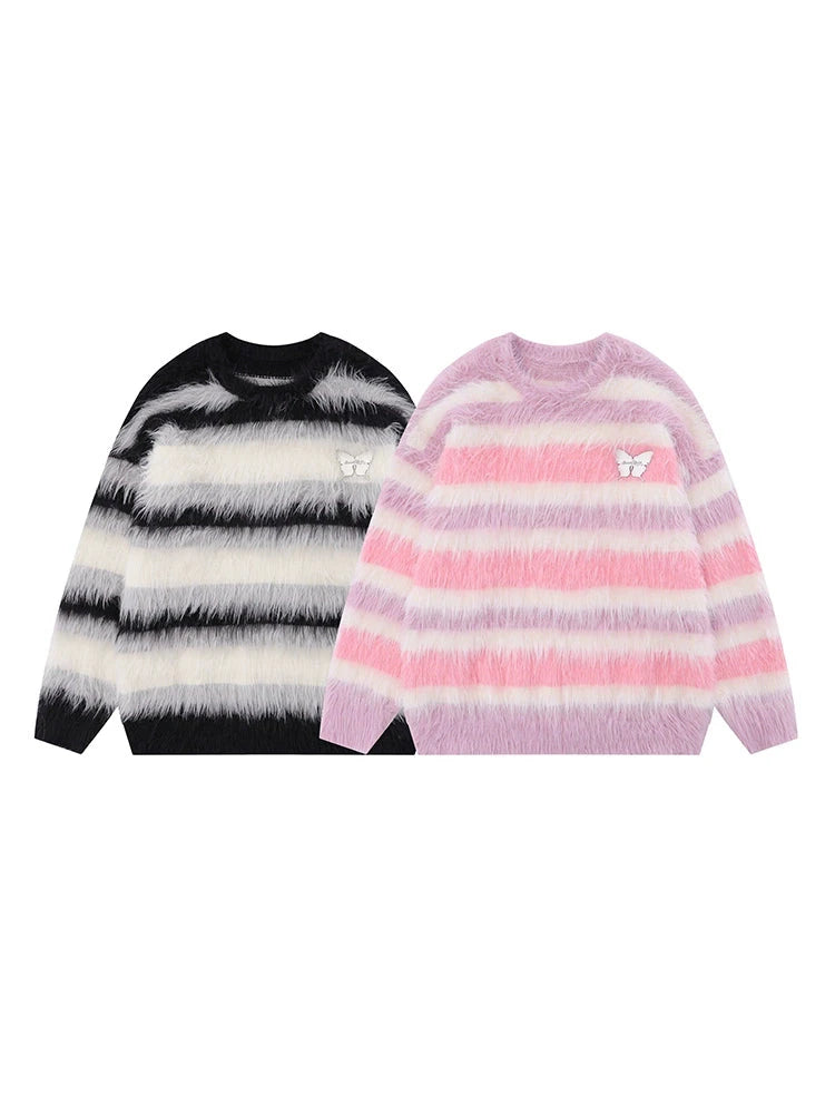 KKYES Butterfly Fuzzy Striped Sweater