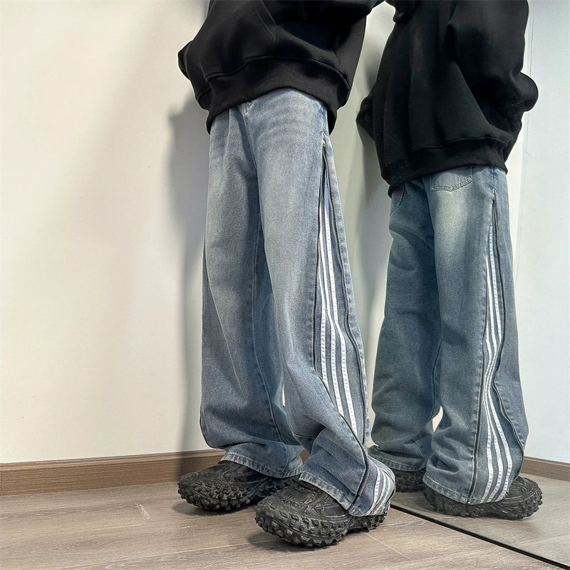 v37 Triple Striped Zipper Washed Jeans